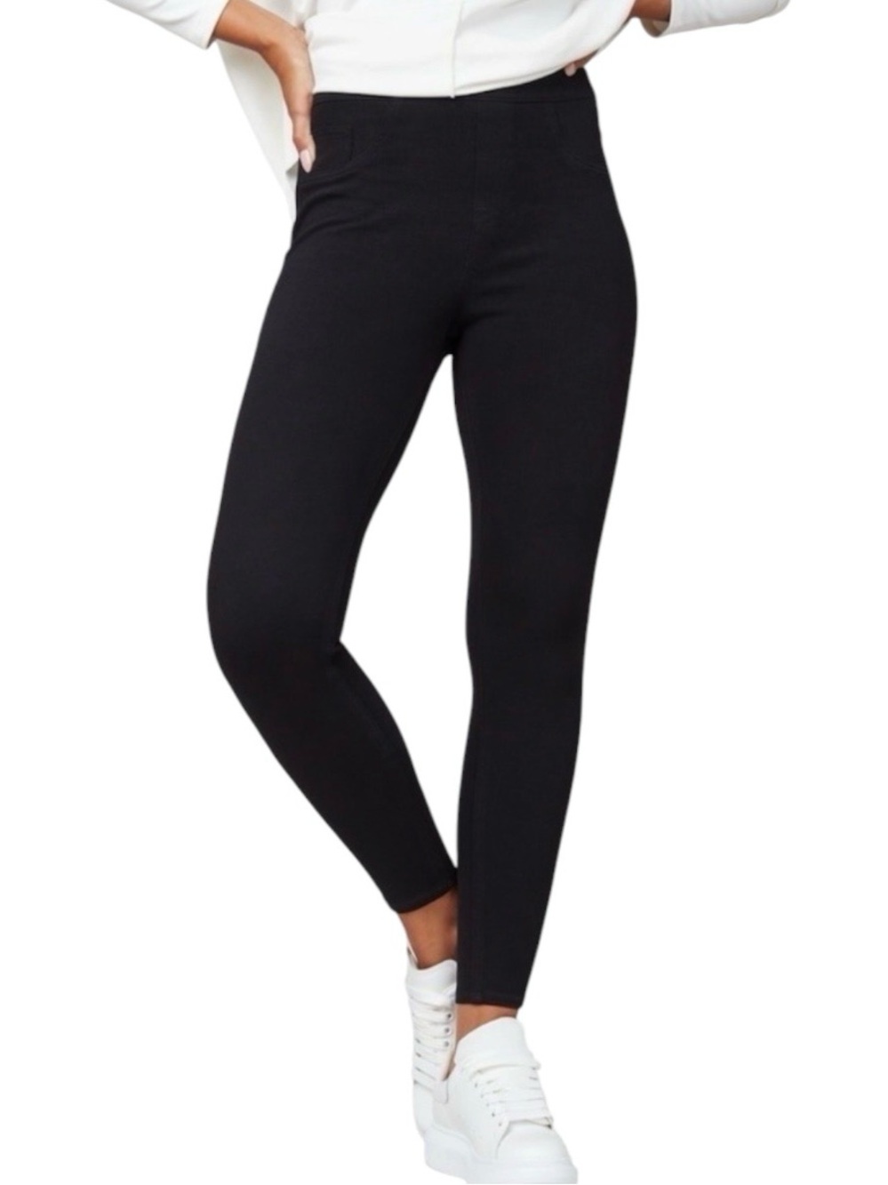 Spanx Jean-ish Ankle Leggings Tummy Shaping Soft Knit 20018R Black Sz Women's L